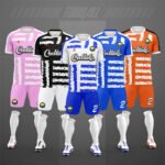 Close-up factory photo of premium grade black soccer uniform set by professional wholesale soccer jerseys.