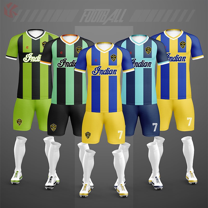 Close-up factory photo of thai-quality bkue soccer uniform set by professional wholesale custom soccer jerseys.