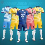 Close-up factory photo of thai-quality neon green soccer uniform set by professional soccer jersey manufacturer.