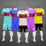 Close-up factory photo of premium grade purple soccer uniform set by professional soccer jersey manufacturer.