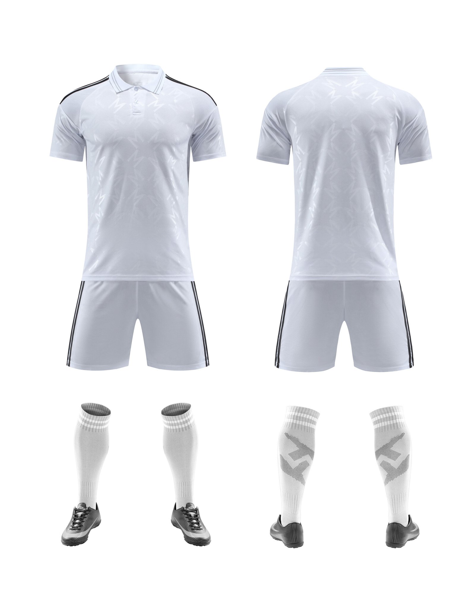 Close-up factory photo of thai-quality polo collar White soccer uniform set by professional wholesale soccer jerseys.