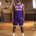 Player wearing purple city skyline reversible basketball jersey with private logo and number
