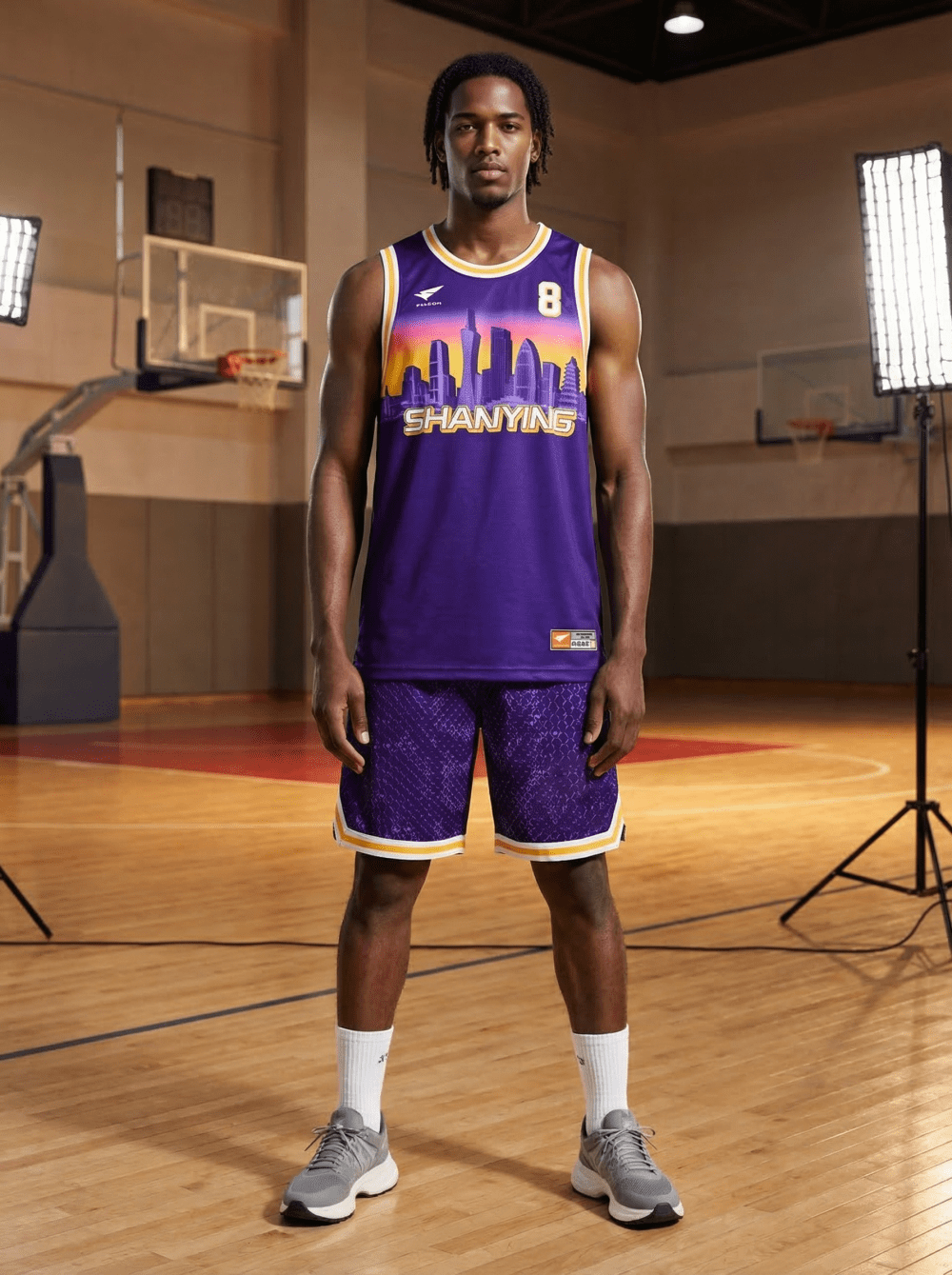 Player wearing purple city skyline reversible basketball jersey with private logo and number