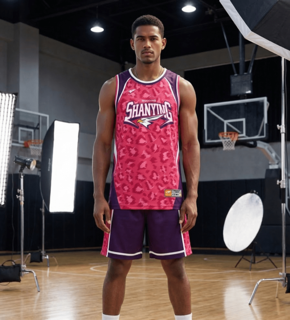 Athletic man in pink and navy basketball uniform with Shanying 6 holding basketball
