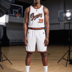 Man wearing red dragon print basketball jersey with Shanying 11
