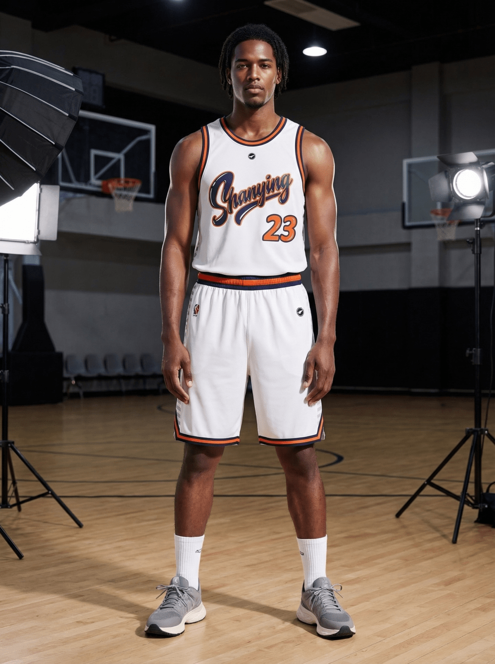 Man wearing red dragon print basketball jersey with Shanying 11