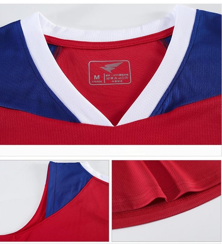 Close-up of basketball jersey V-neck collar with inner lining and size tag detail