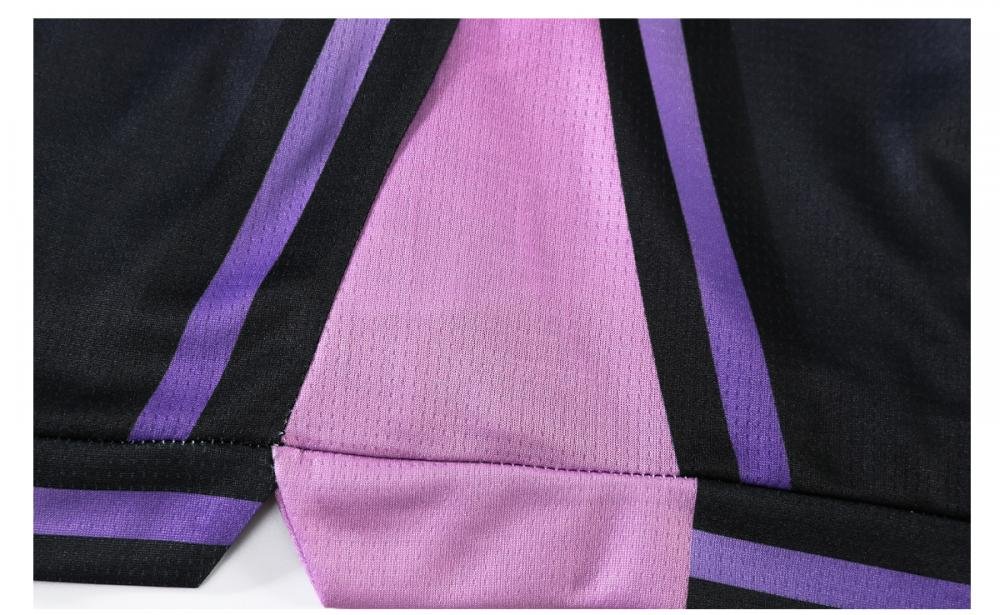 Pink mesh panel with black and purple stripes on basketball jersey