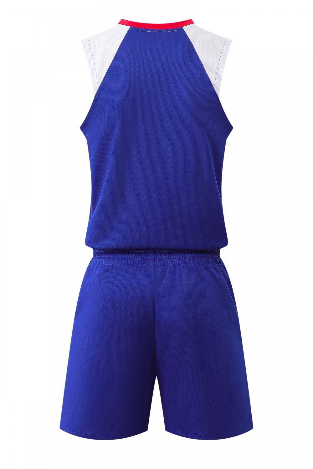 Back view of blue basketball uniform with white and red accents