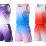 Wholesale gradient color basketball uniforms set in five vibrant styles