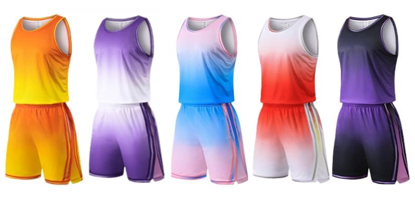 Wholesale gradient color basketball uniforms set in five vibrant styles