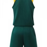 Back view of green and yellow basketball uniform set