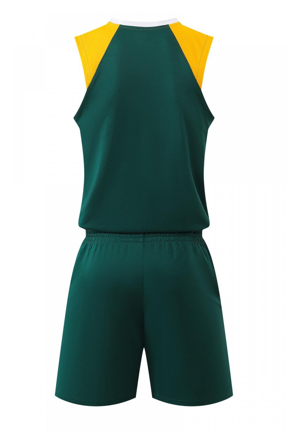 Back view of green and yellow basketball uniform set