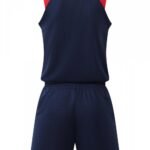 Back view of navy and red basketball uniform set