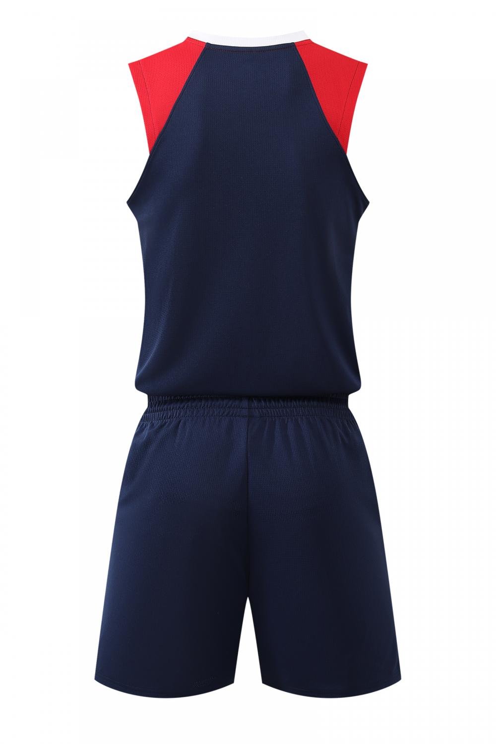 Back view of navy and red basketball uniform set