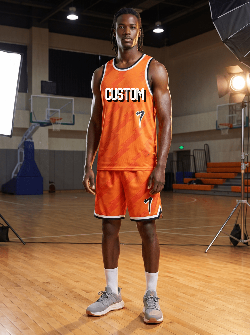 Man wearing orange lightning pattern custom basketball uniform with number 7