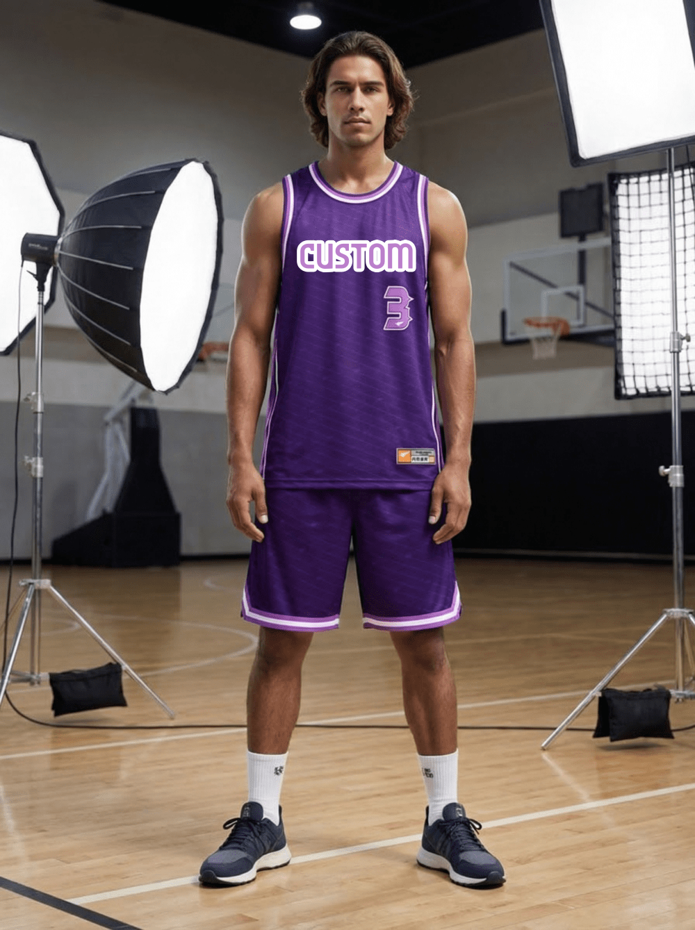 Man modeling purple sublimation custom basketball jersey with number 3