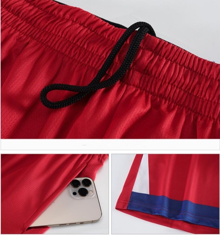 Red basketball shorts with drawstring, side pocket and size demonstration