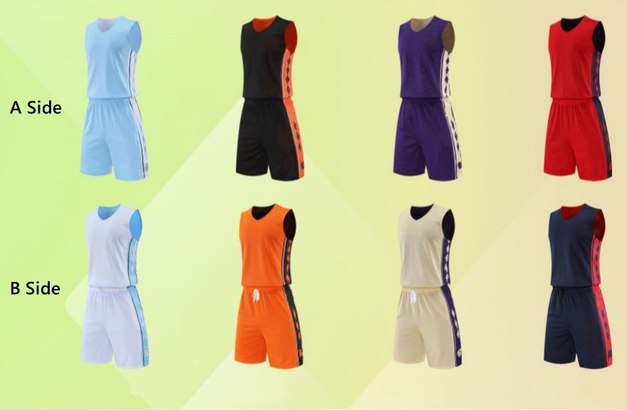 Reversible basketball uniforms wholesale set showing A side and B side in multiple colors