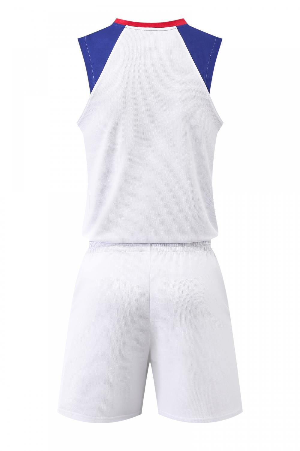 Back view of white basketball uniform with blue and red details