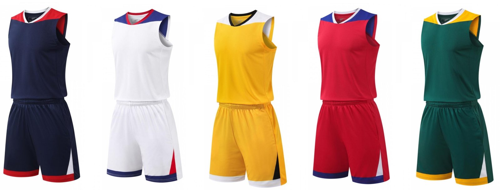 Wholesale basketball uniforms set in 5 colors: navy, white, yellow, red, green with NBA cut style