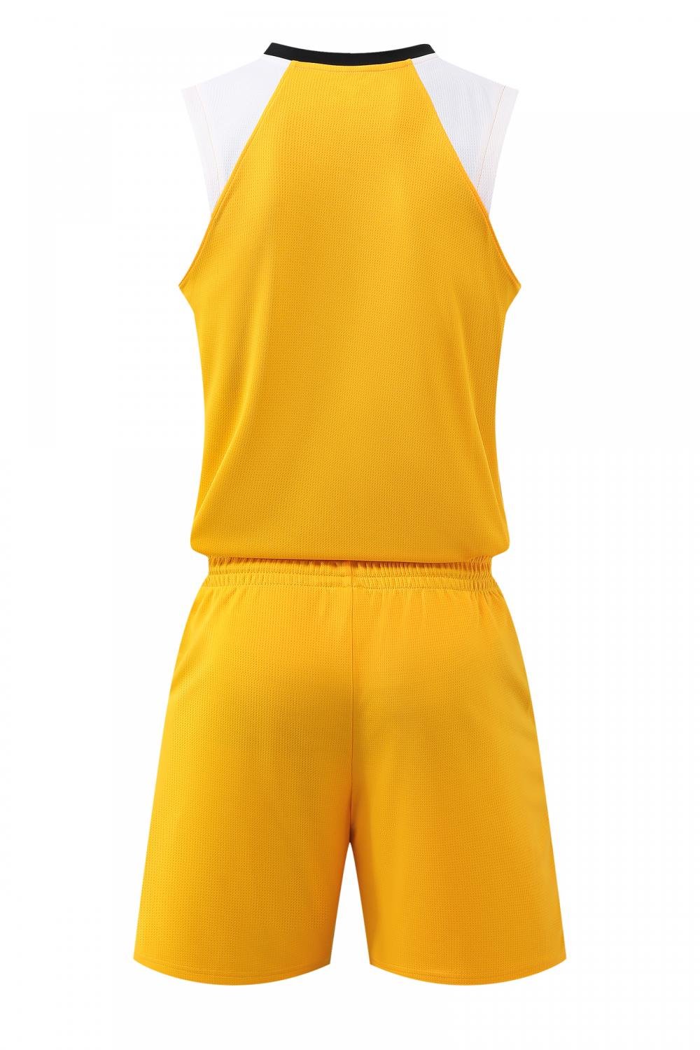 Back view of yellow basketball uniform with white accents