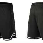 Black basketball shorts with white and black trim shown front and back