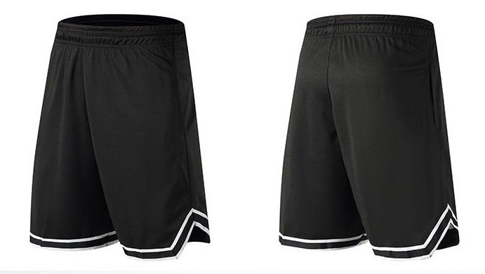 Black basketball shorts with white and black trim shown front and back