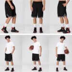 Young man modeling black basketball shorts in multiple poses with basketball
