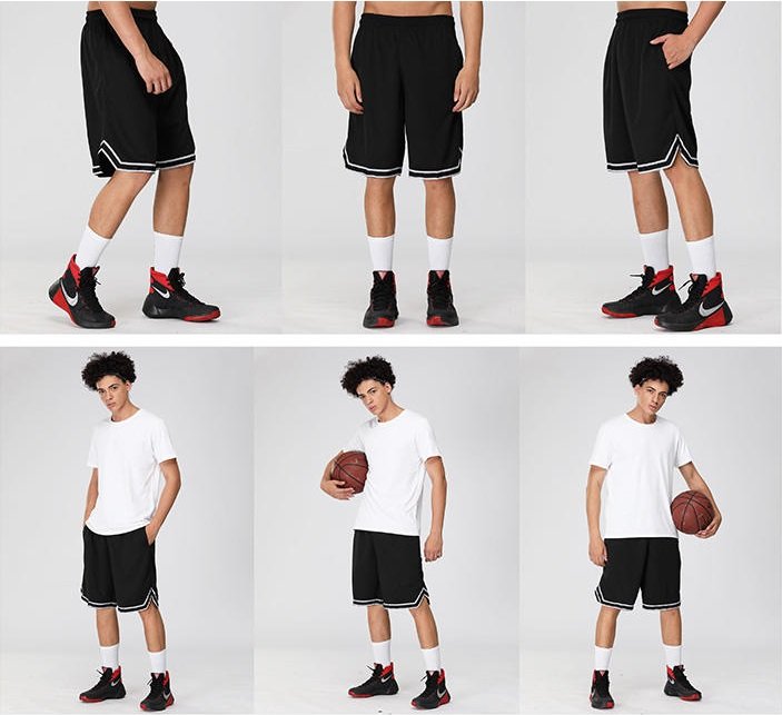 Young man modeling black basketball shorts in multiple poses with basketball