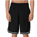 Man wearing black basketball shorts with white side trim and white socks