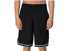 Man wearing black basketball shorts with white side trim and white socks
