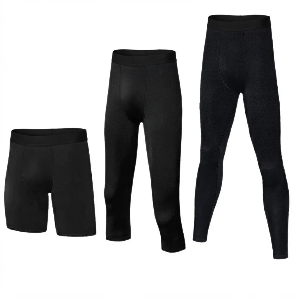 Black compression pants set including shorts, 3/4 capri, and full length leggings