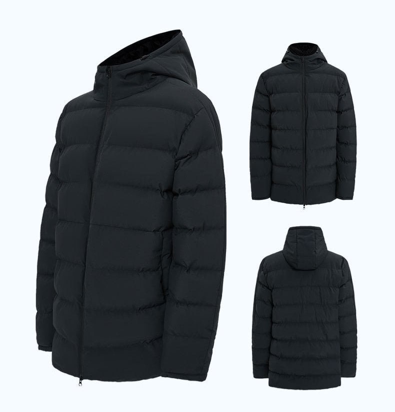 Black hooded puffer jacket multi-angle product views