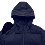 Black puffer jacket hood with adjustable drawstring detail