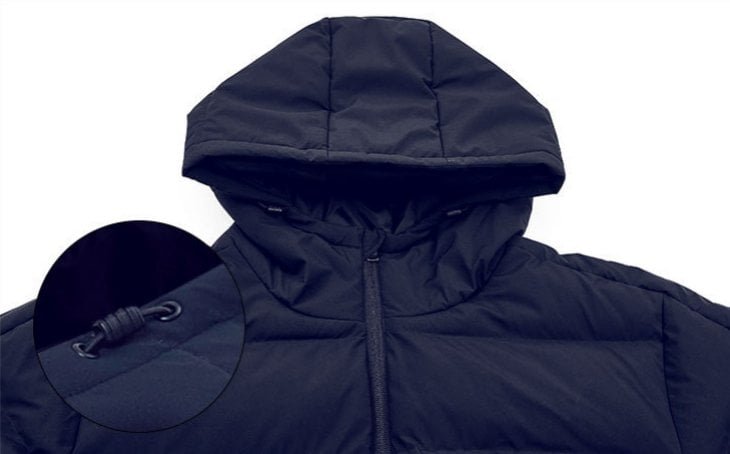 Black puffer jacket hood with adjustable drawstring detail