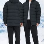 Man wearing black hooded puffer jacket front and back view outdoor