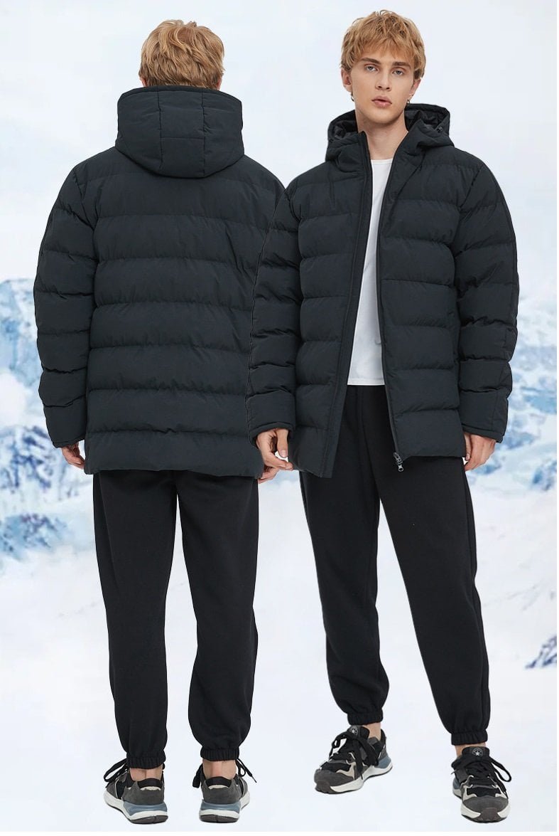Man wearing black hooded puffer jacket front and back view outdoor