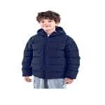 Boy modeling black hooded puffer jacket winter coat front view