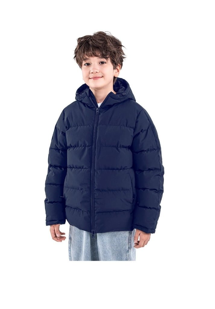 Boy modeling black hooded puffer jacket winter coat front view