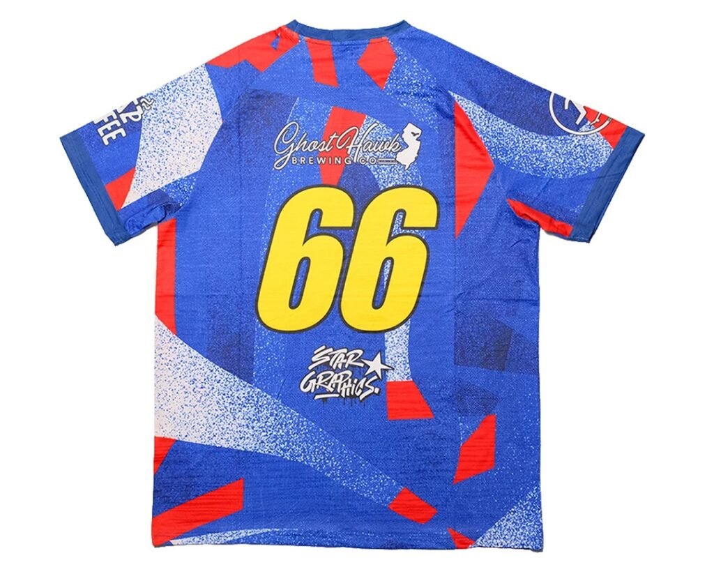 Blue sublimation soccer jersey back with number 66 and sponsor logos