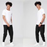 Black jogger pants with cuffed ankles shown in front and back view
