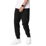 Black jogger pants with cuffed ankles shown in model