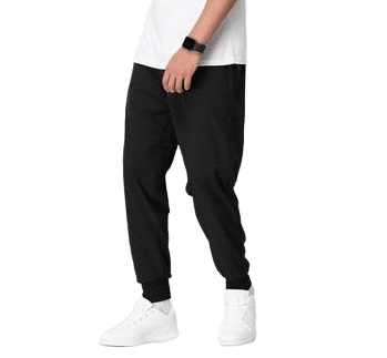 Black jogger pants with cuffed ankles shown in model