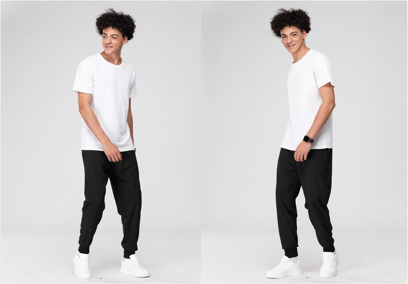Black jogger pants with cuffed ankles shown in front and back view