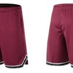 Maroon basketball shorts with black and white trim front and back view