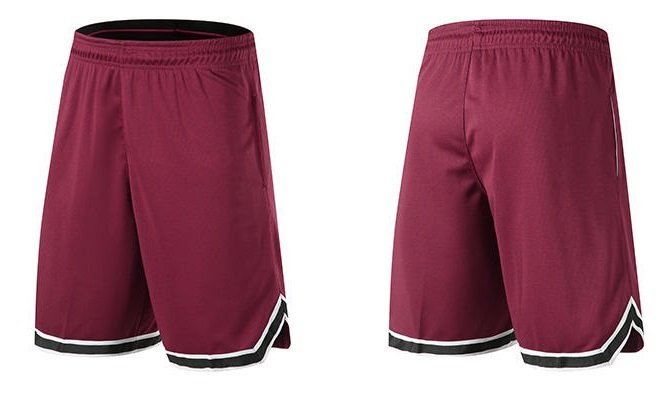 Maroon basketball shorts with black and white trim front and back view