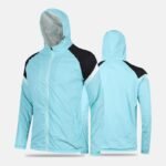 Light blue hooded soccer windbreaker shown in front and back view