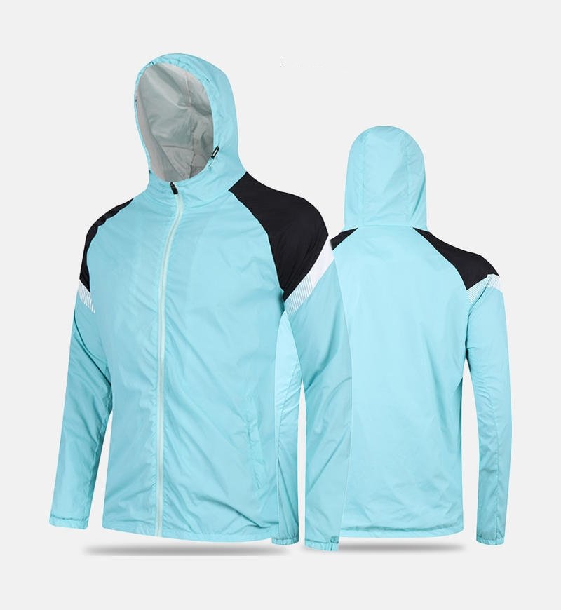 Light blue hooded soccer windbreaker shown in front and back view