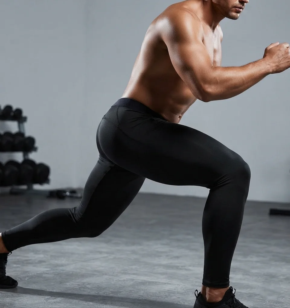 man performing dynamic lunge exercise while wearing black full-length compression leggings in gym